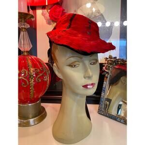 Vintage 1930s red feather hat 30s fascinator levy's millinery art deco avant gar